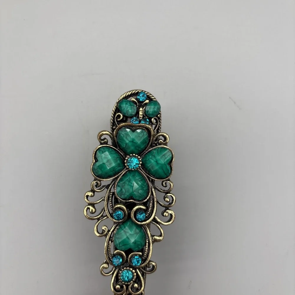 Vintage Hair Clip Barrette Blue‎ Rhinestone Heart Pewter Metal 5